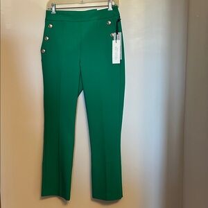 Rachel Zoe high rise kick flare stretch fit green pants gold tone trim size 2